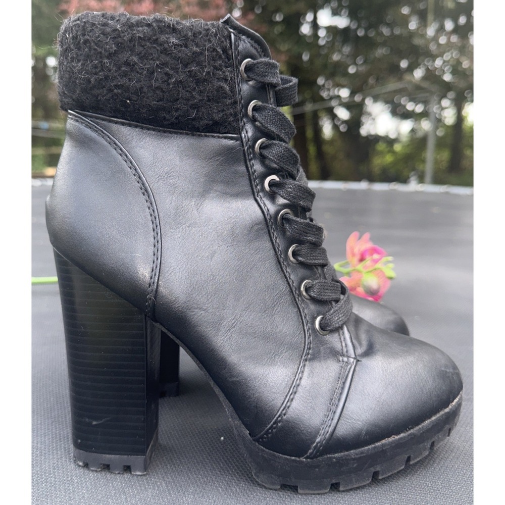 Bamboo Women's Boots 7.5 Black Lace Up Side Zip Heeled Combat Gaby - Picture 4 of 8